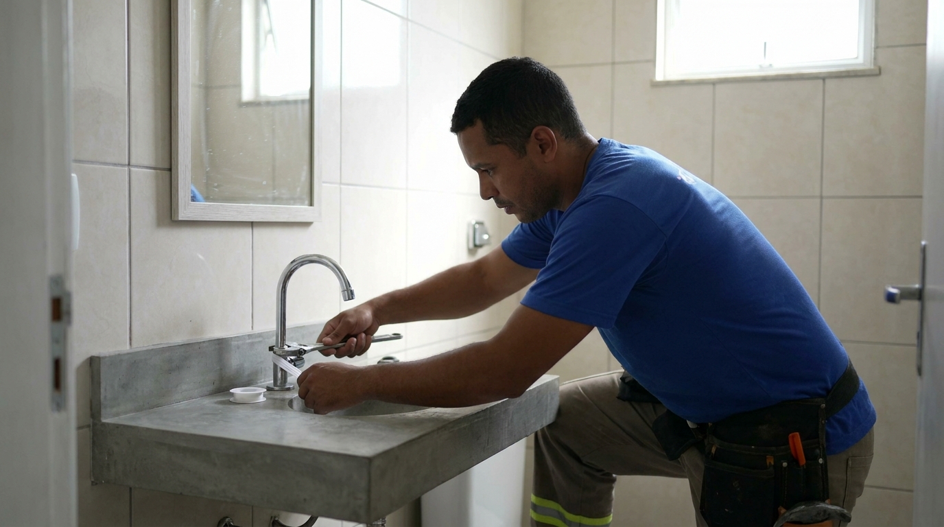 Encanador instalando torneira em Itajaí‑SC
