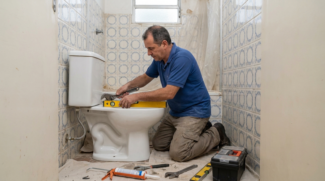 Técnico instalando vaso sanitário em Itajaí‑SC